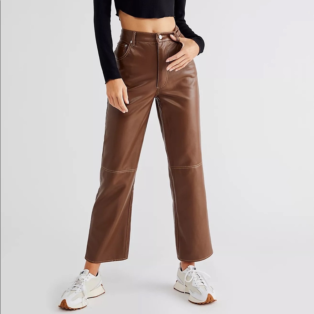 Free People Vintage It Factor Brown Vegan Leather Pants